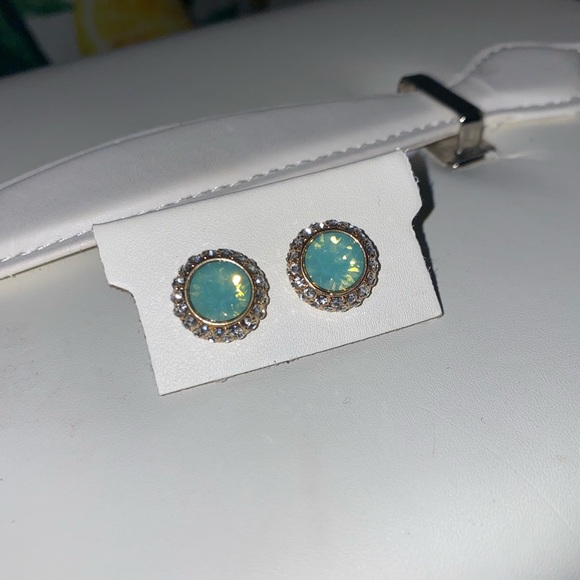 Gold and Aqua Stud Earrings - Picture 2 of 3